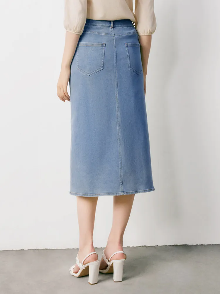 Blue High Waist Slit Midi Denim Skirt