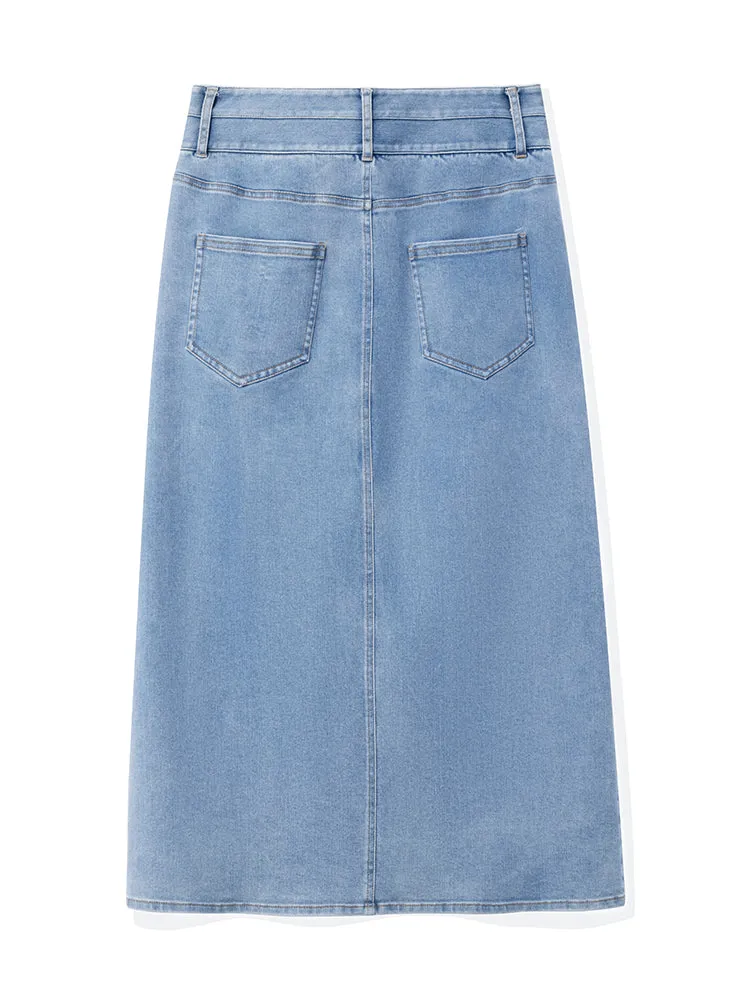 Blue High Waist Slit Midi Denim Skirt