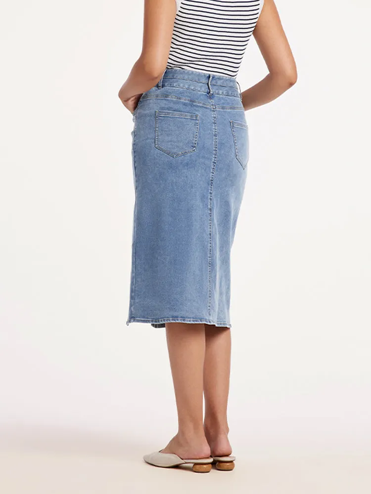 Blue High Waist Slit Midi Denim Skirt