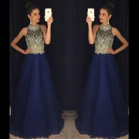 blue prom dress, long prom dress, beaded prom dress, charming evening dress, luxury prom dress, BD411