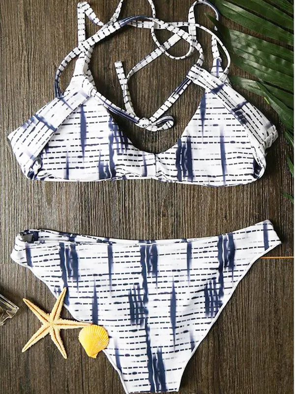 Blue Stripe Printed Cross Back Bikini Sets