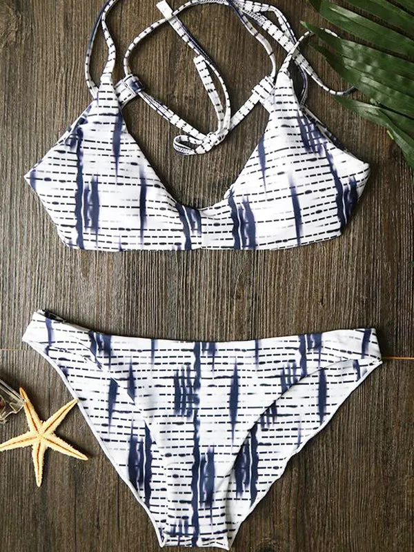 Blue Stripe Printed Cross Back Bikini Sets