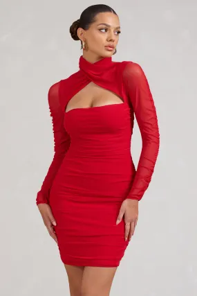 Bouquet Toss | Red Ruched Mesh Long-Sleeved Mini Dress