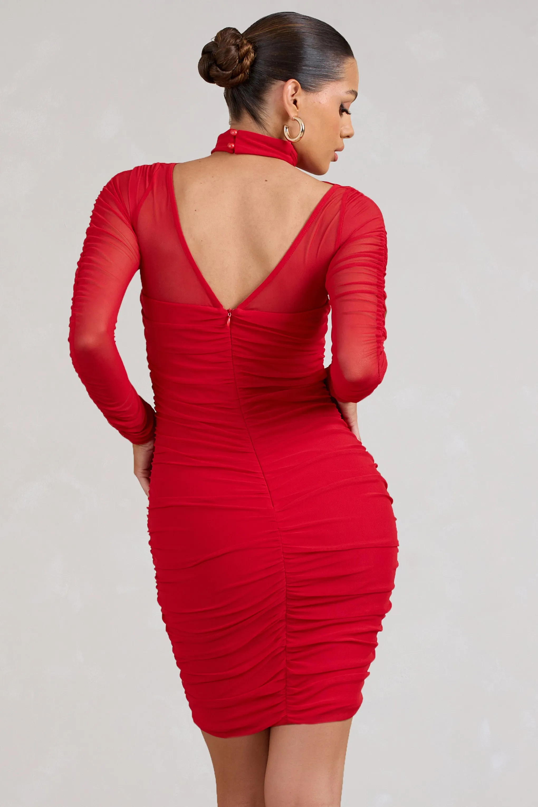 Bouquet Toss | Red Ruched Mesh Long-Sleeved Mini Dress