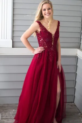 Burgundy Prom Dress with Slit, Evening Dress ,Winter Formal Dress, Pageant Dance Dresses, Graduation School Party Gown, PC0315