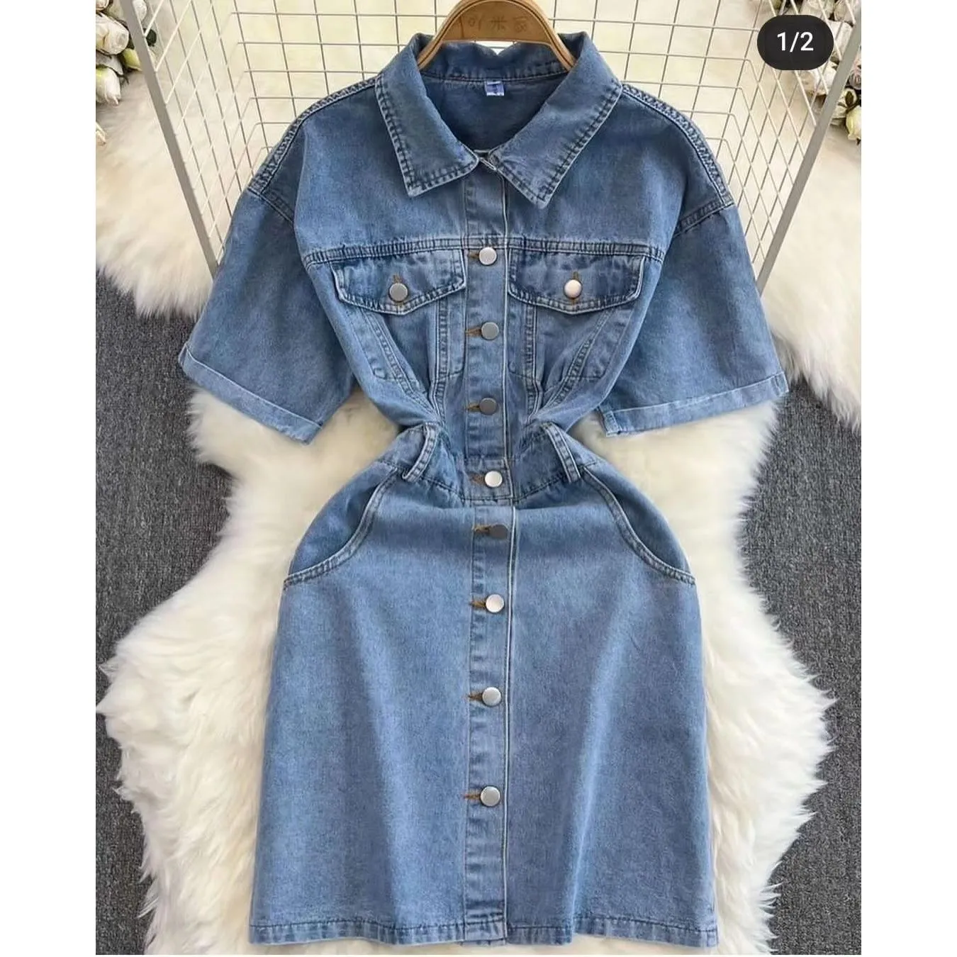 Button Detailed Short Denim Dress