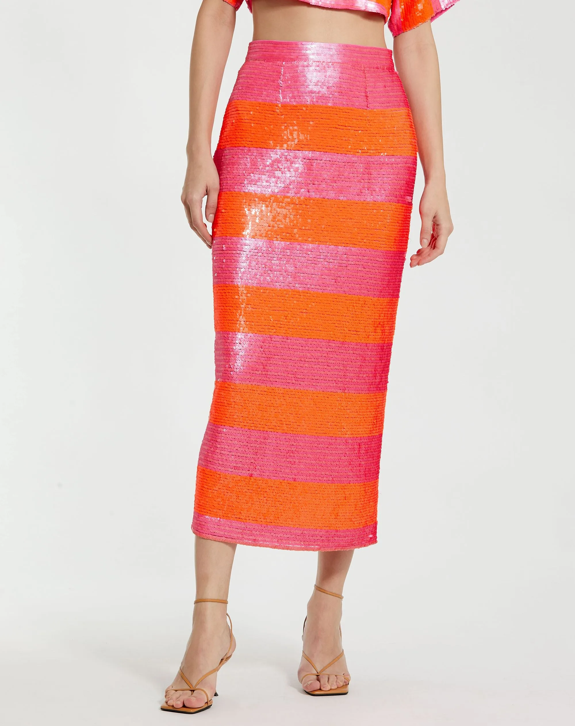 Classic Sequin Striped Midi Pencil Skirt