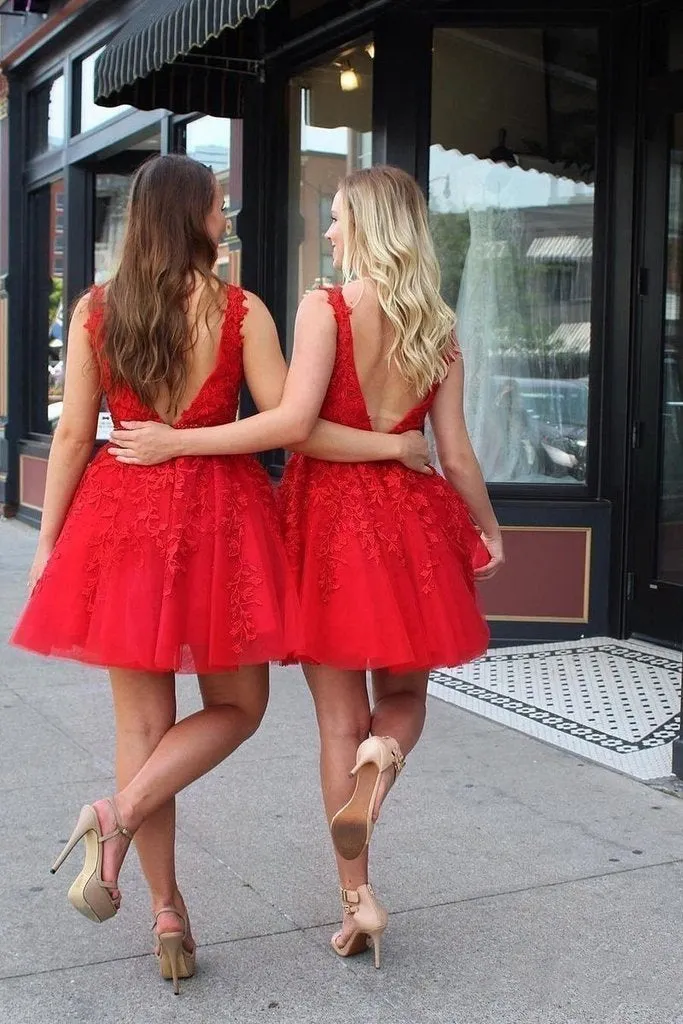 Cute Red Lace Appliques Homecoming Dresses V Neck Tulle Above Knee Short Prom Dress