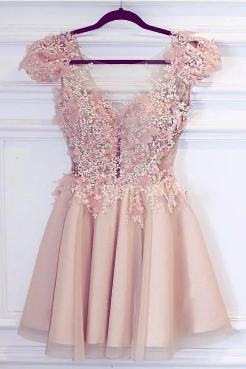 Cute Satin Pink Deep V Neck Appliques Short Prom Dresses Homecoming Dresses