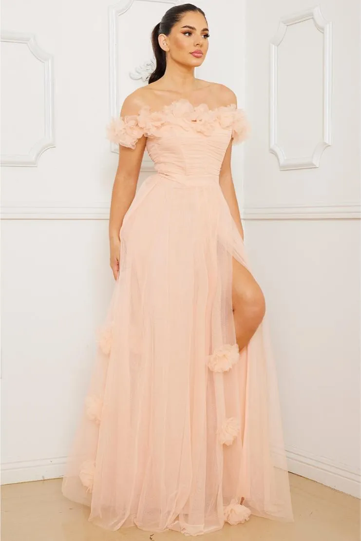 Darla Nude Pink Tulle Floral Gown