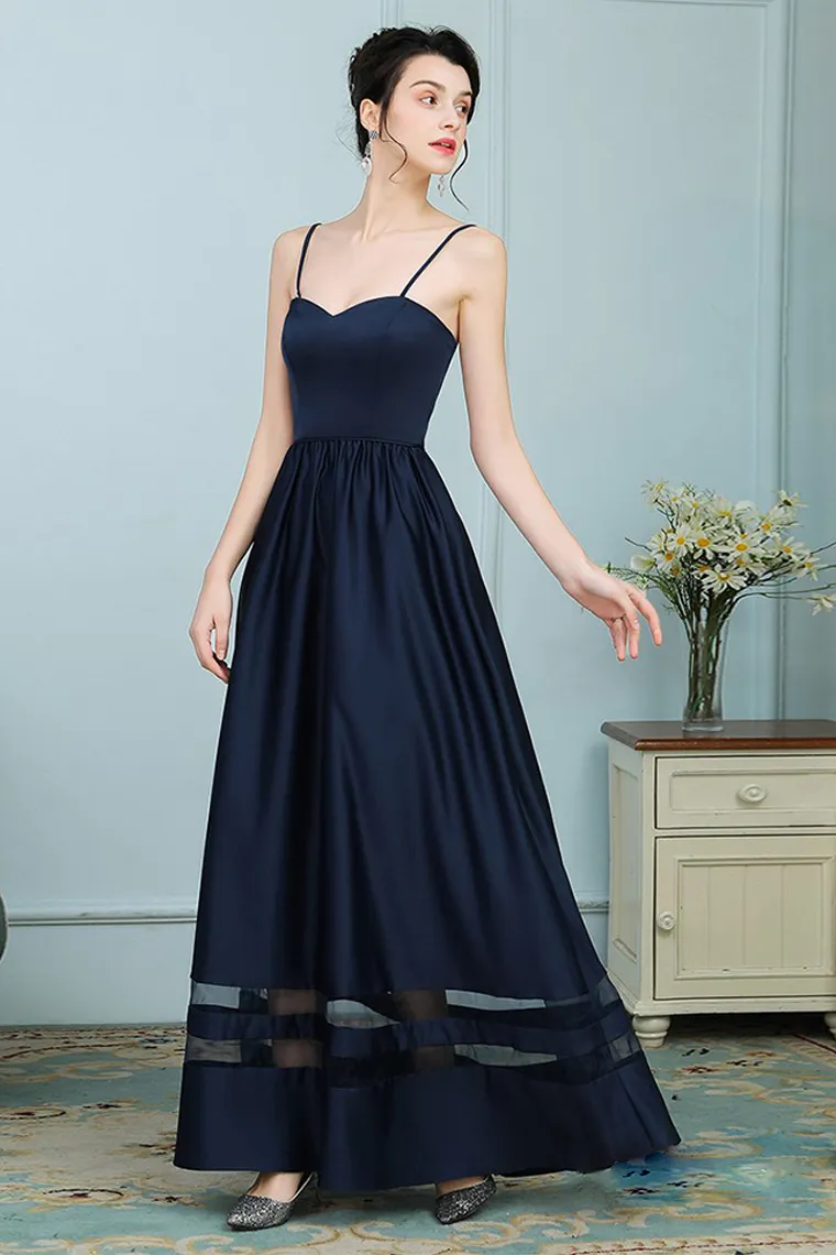 Diamond Spaghetti Straps Natural Waist A-Line/Princess Floor Length Sleeveless Satin Bridesmaid Dresses