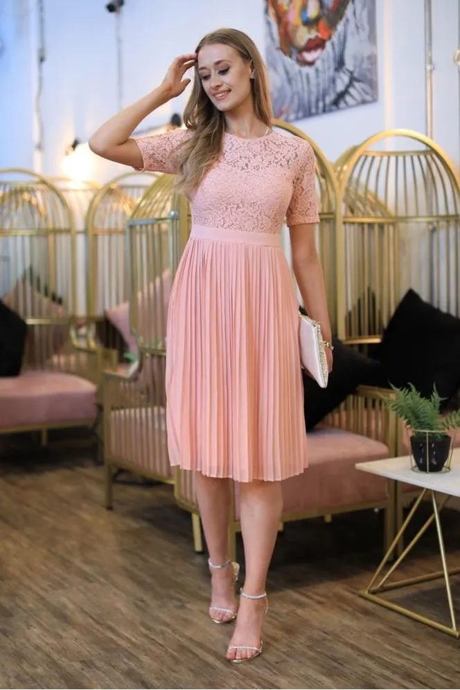 Double Second Short Sleeve Lace Pleated Dress