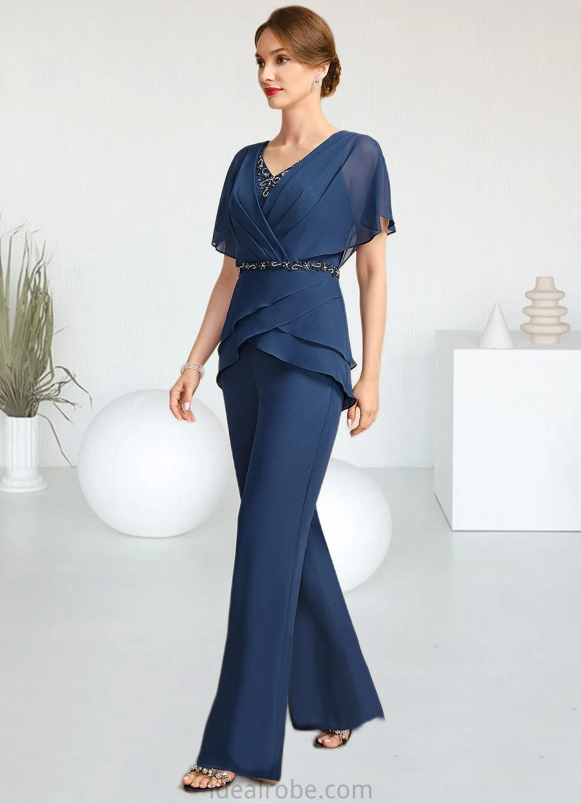 Eloise Jumpsuit/Pantsuit Separates V-Neck Floor-Length Chiffon Mother of the Bride Dress With Beading Pleated Sequins STKP0021800