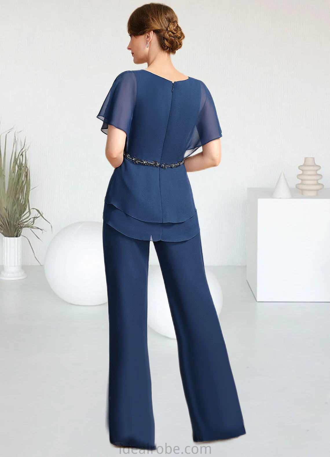 Eloise Jumpsuit/Pantsuit Separates V-Neck Floor-Length Chiffon Mother of the Bride Dress With Beading Pleated Sequins STKP0021800