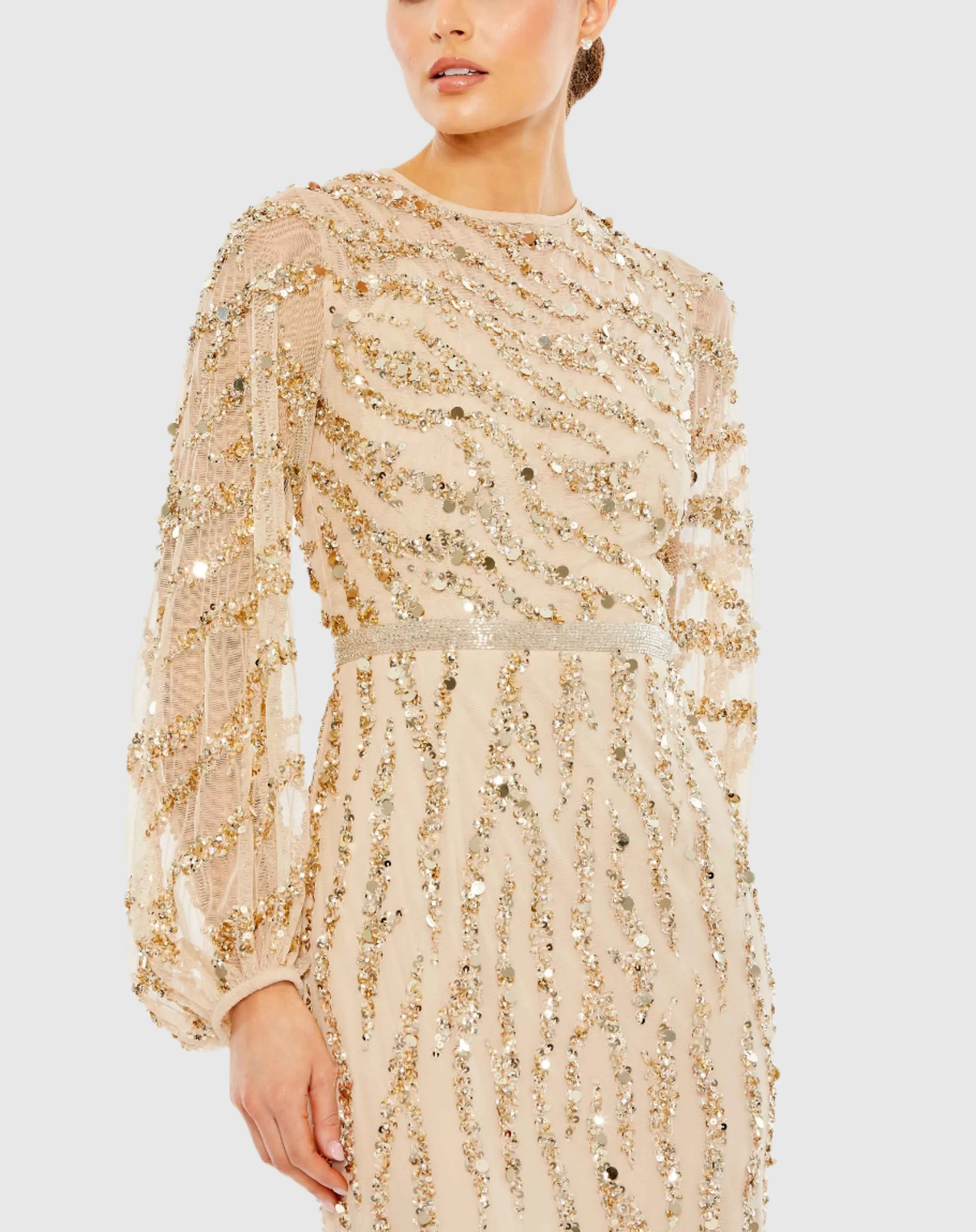 Embellished High Neck Puff Sleeve Trumpet Gown