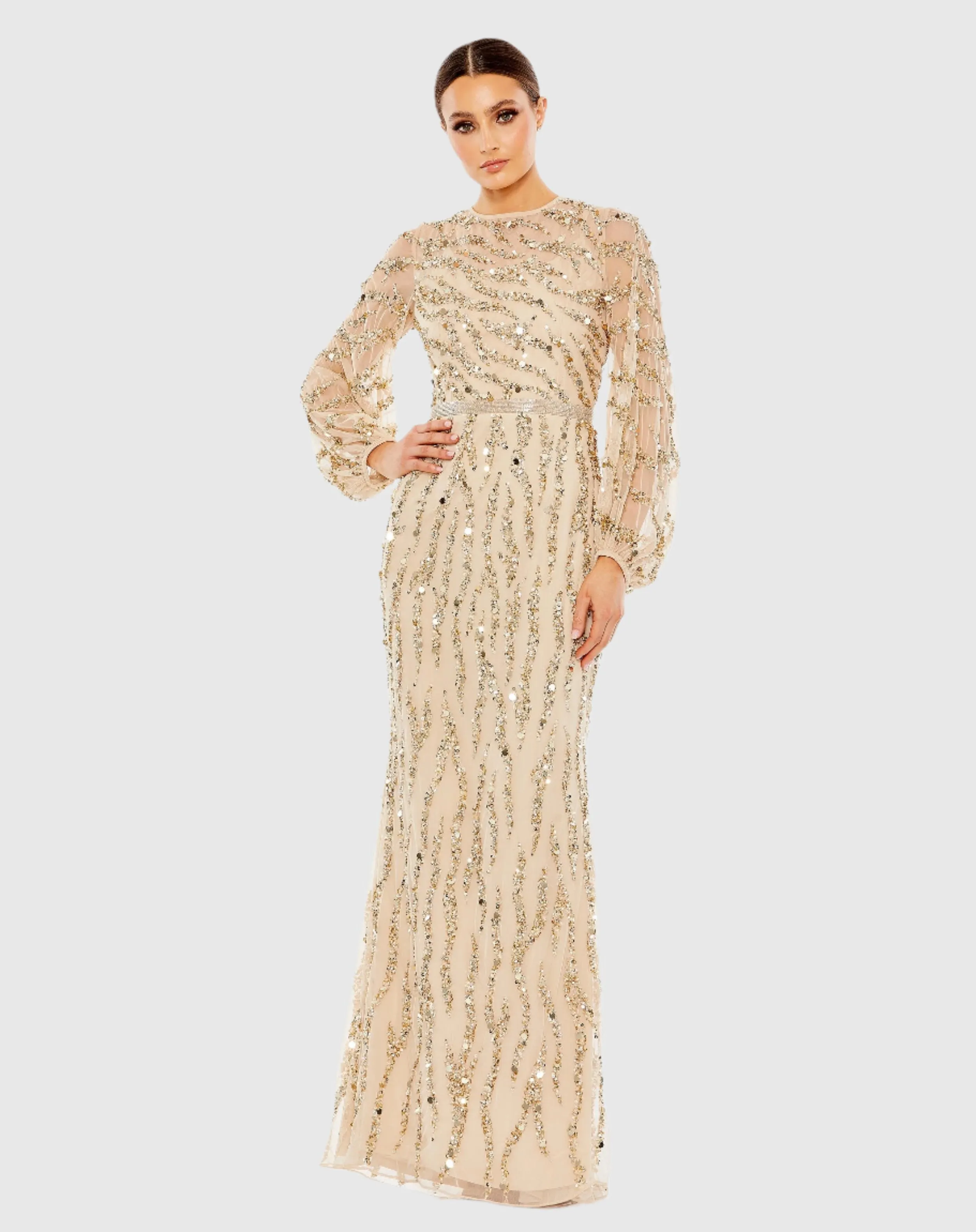 Embellished High Neck Puff Sleeve Trumpet Gown