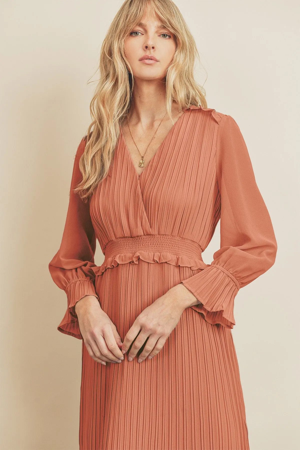 Esmae Pleated Midi Dress in Rose