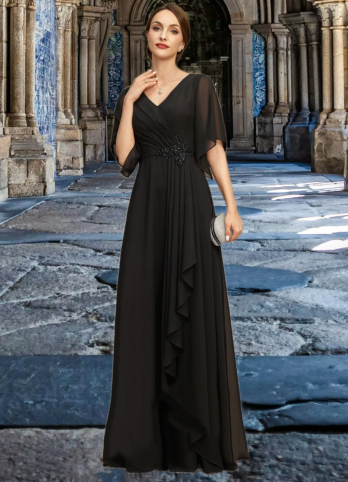 Esmeralda A-line V-Neck Floor-Length Chiffon Mother of the Bride Dress With Beading Cascading Ruffles Sequins STKP0021836