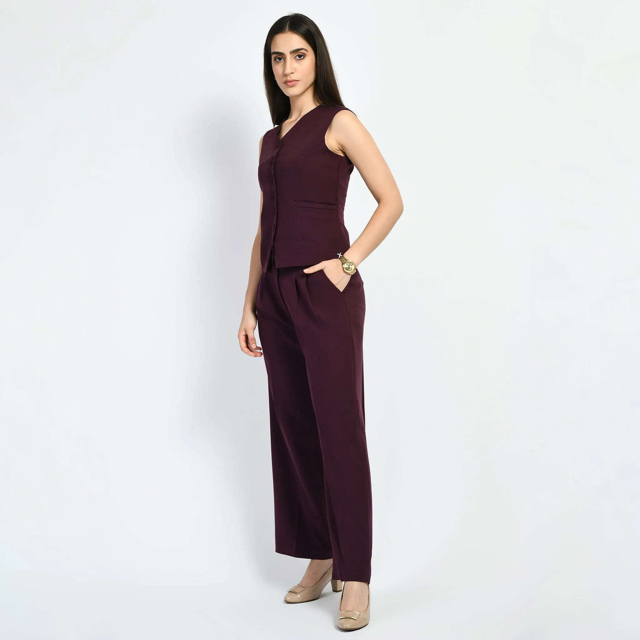 Exude Elusiveness Solid Wide Leg Trousers With Waist-Coat Top Co-ord (Wine)