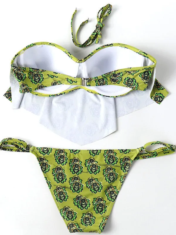 Flower Printed Ruffled Halter Bikini Sets