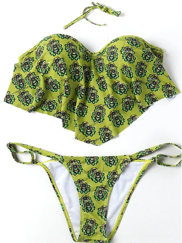 Flower Printed Ruffled Halter Bikini Sets