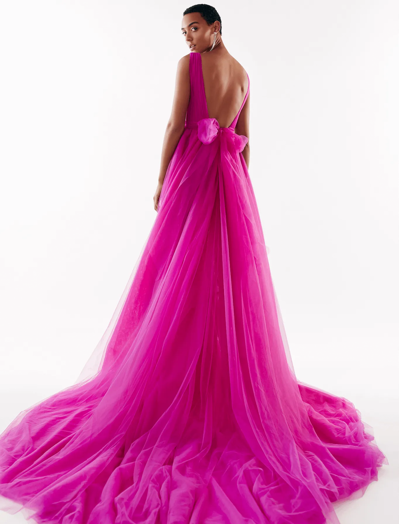 Fuchsia Bow-Back Maxi Evening Tulle Dress