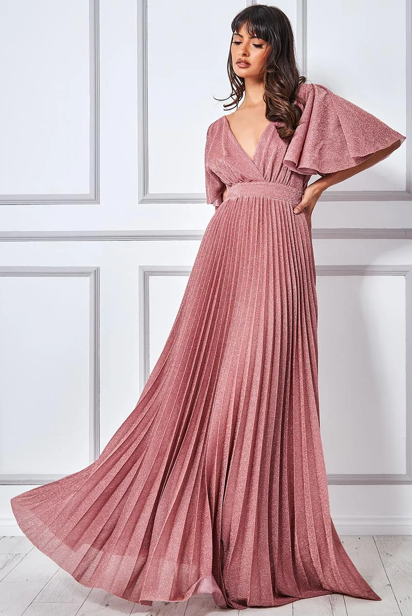 Goddiva Lurex Pleated Maxi Dress