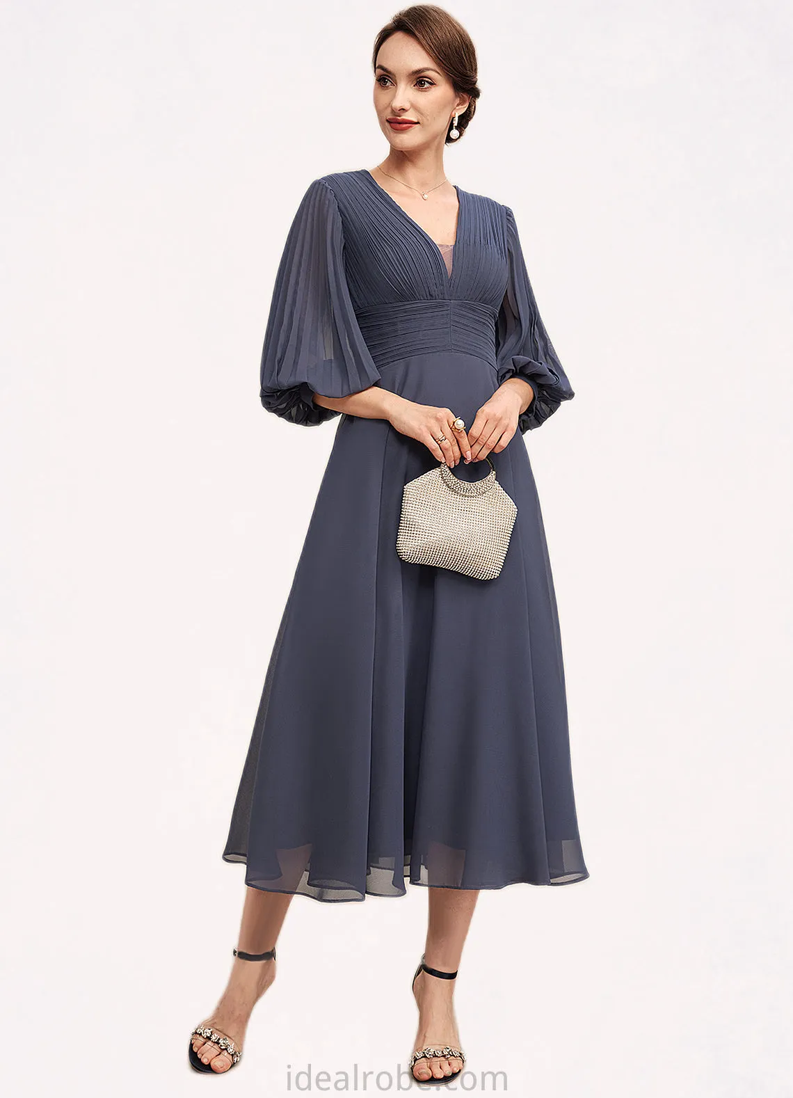 Gracie A-Line V-neck Tea-Length Chiffon Mother of the Bride Dress With Ruffle STK126P0014566