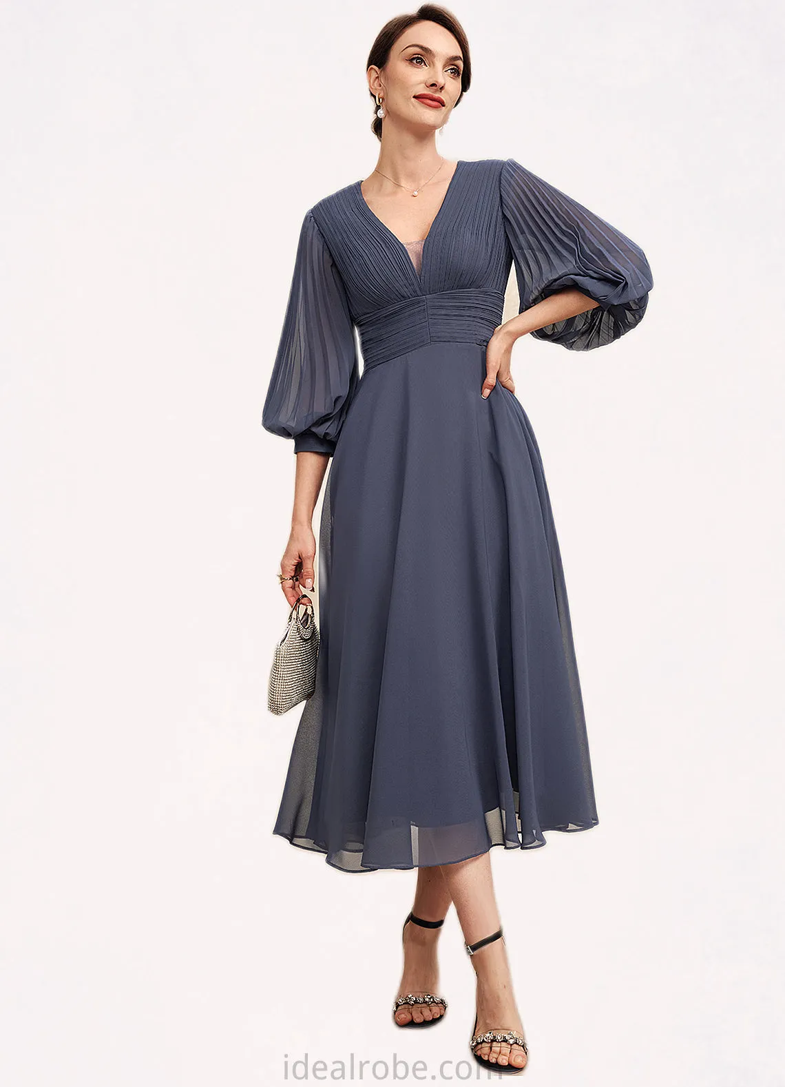 Gracie A-Line V-neck Tea-Length Chiffon Mother of the Bride Dress With Ruffle STK126P0014566