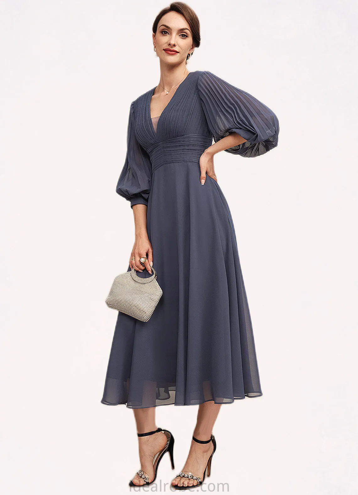 Gracie A-Line V-neck Tea-Length Chiffon Mother of the Bride Dress With Ruffle STK126P0014566