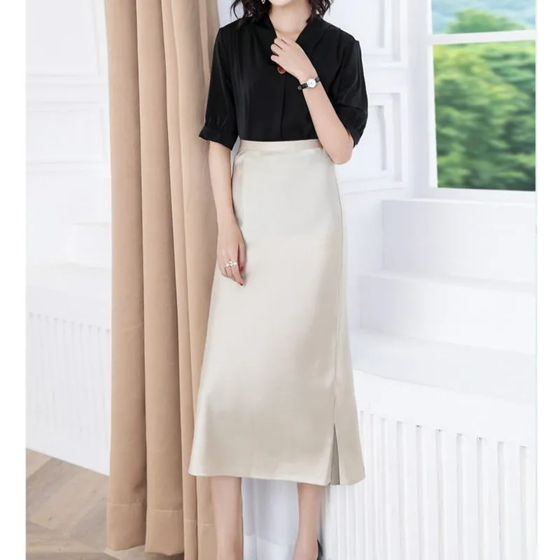 High Waisted Trumpet Hem Flare High Rise Satin Midi Skirt For Thick Thighs