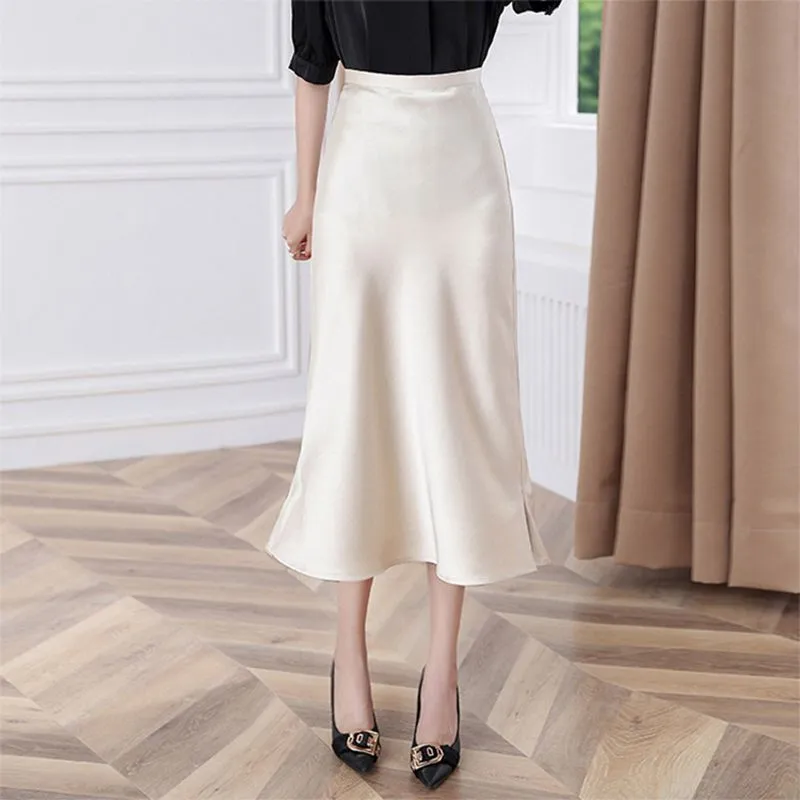 High Waisted Trumpet Hem Flare High Rise Satin Midi Skirt For Thick Thighs