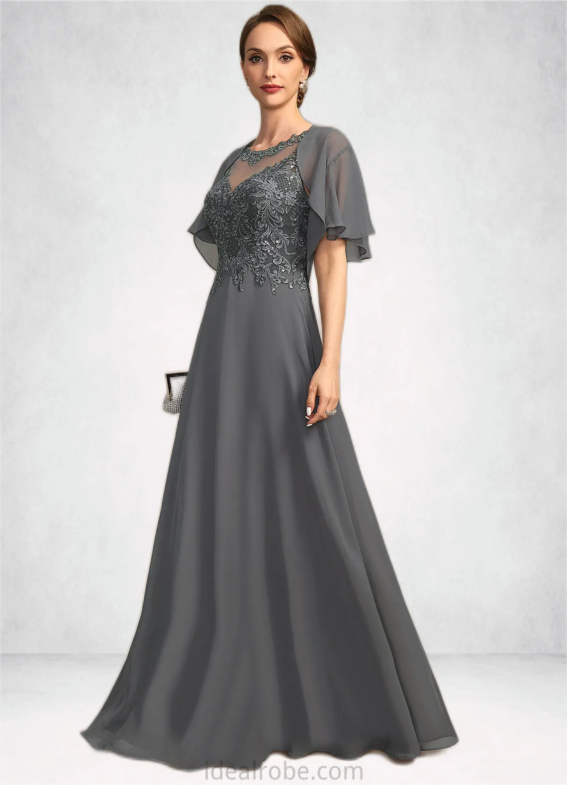 Janet A-line Scoop Illusion Floor-Length Chiffon Lace Mother of the Bride Dress With Sequins STKP0021921