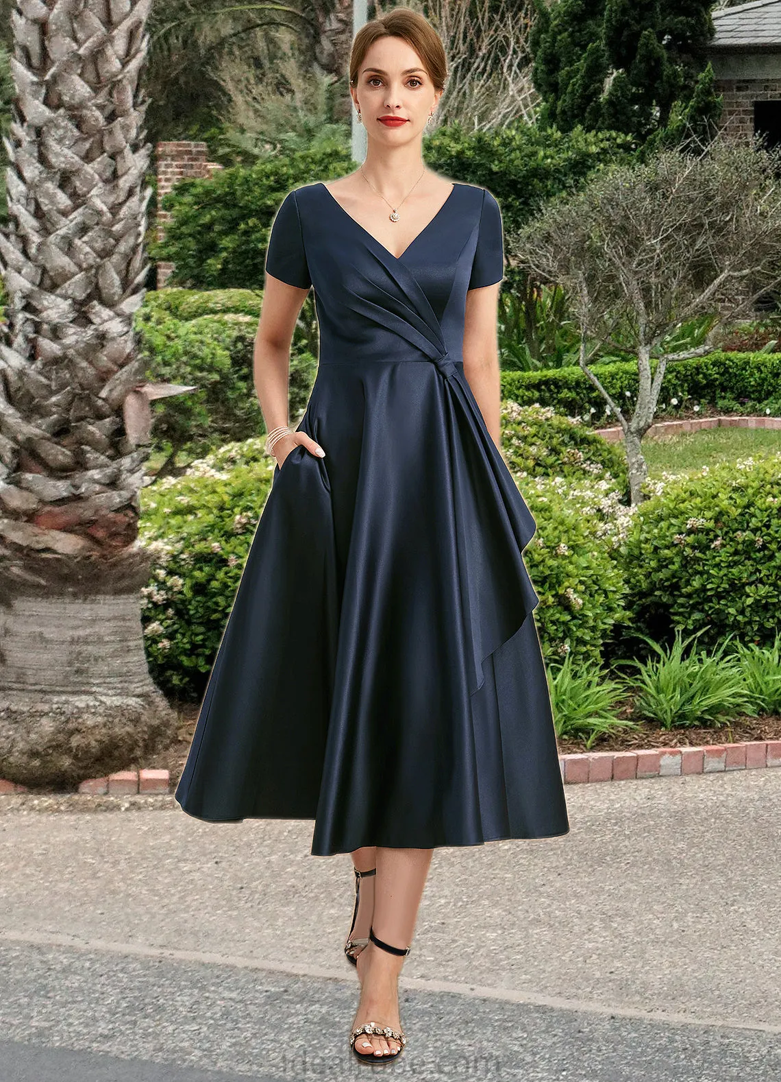 Judith A-line V-Neck Tea-Length Satin Mother of the Bride Dress With Cascading Ruffles STKP0021661