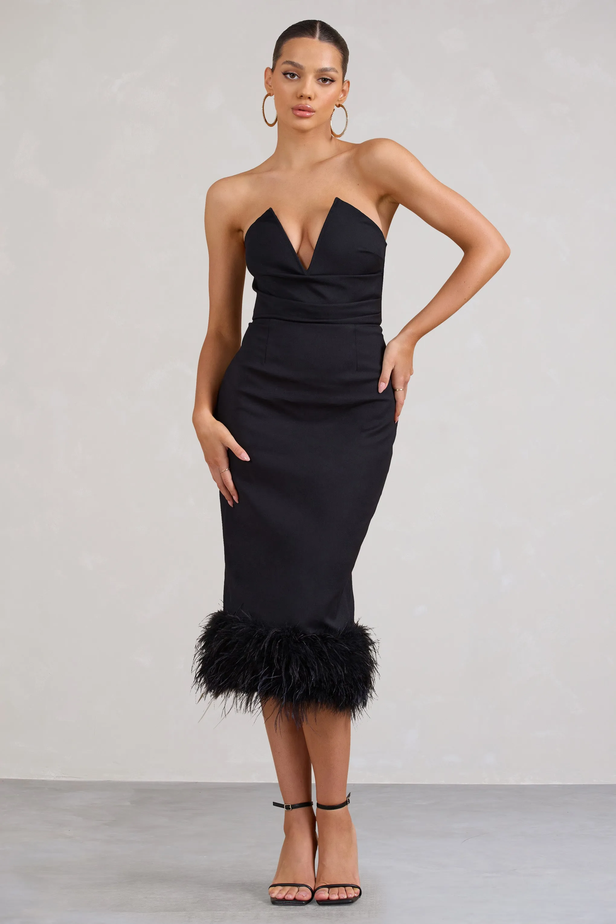 Kensington | Black Bodycon Midi Dress With Statement Feather Trim