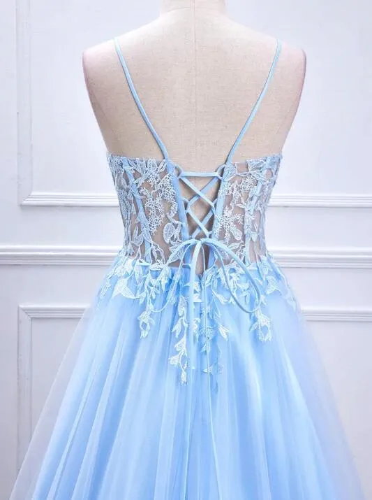 Lace-Up Light Blue Sheer Corset A-Line Long Prom Dress PC1344