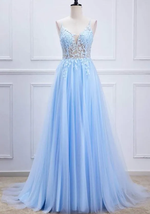 Lace-Up Light Blue Sheer Corset A-Line Long Prom Dress PC1344