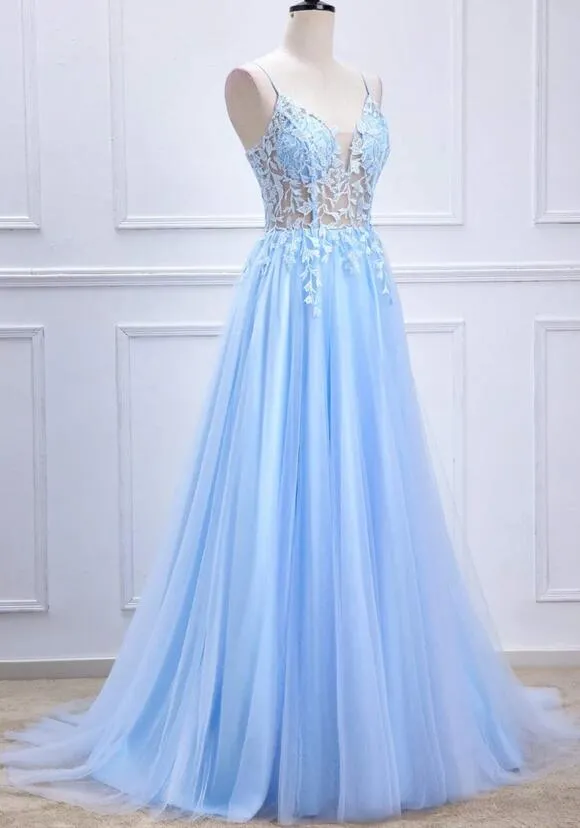 Lace-Up Light Blue Sheer Corset A-Line Long Prom Dress PC1344