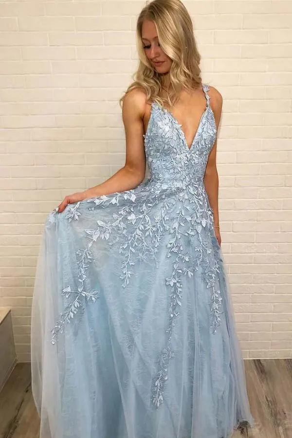 Light Blue Lace Prom Dress Long, Prom Dresses, Evening Dress, Dance Dress, Graduation School Party Gown, PC0403