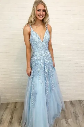 Light Blue Lace Prom Dress Long, Prom Dresses, Evening Dress, Dance Dress, Graduation School Party Gown, PC0403