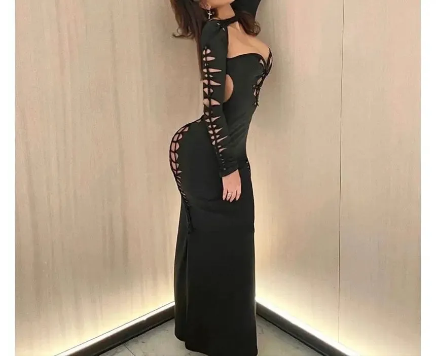 Long-Sleeve Cutout Open-Back Maxi Dress PP23