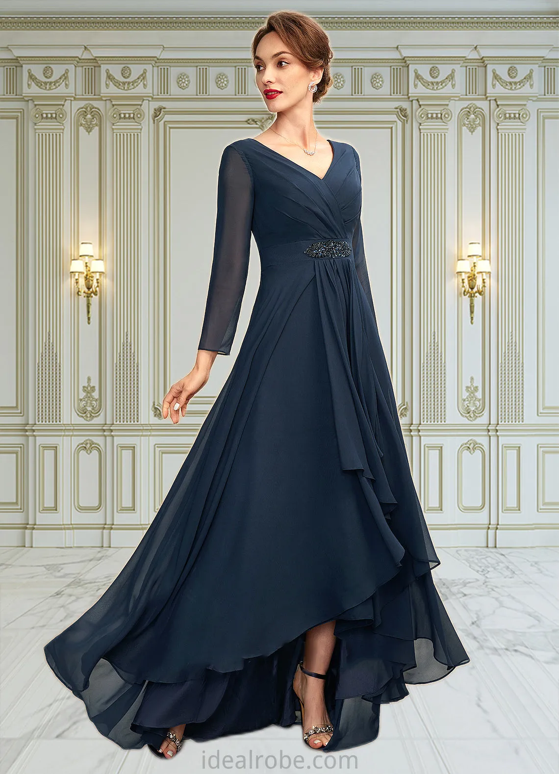 Marissa A-Line V-neck Asymmetrical Chiffon Mother of the Bride Dress With Ruffle Beading Bow(s) STK126P0015021