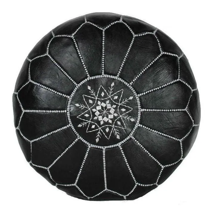 Moroccan Leather Ottoman - Black and White