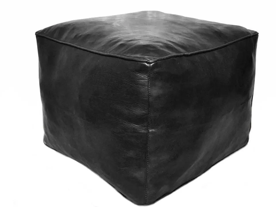 Moroccan Leather Pouf / Ottoman - Square - Black - Sylia