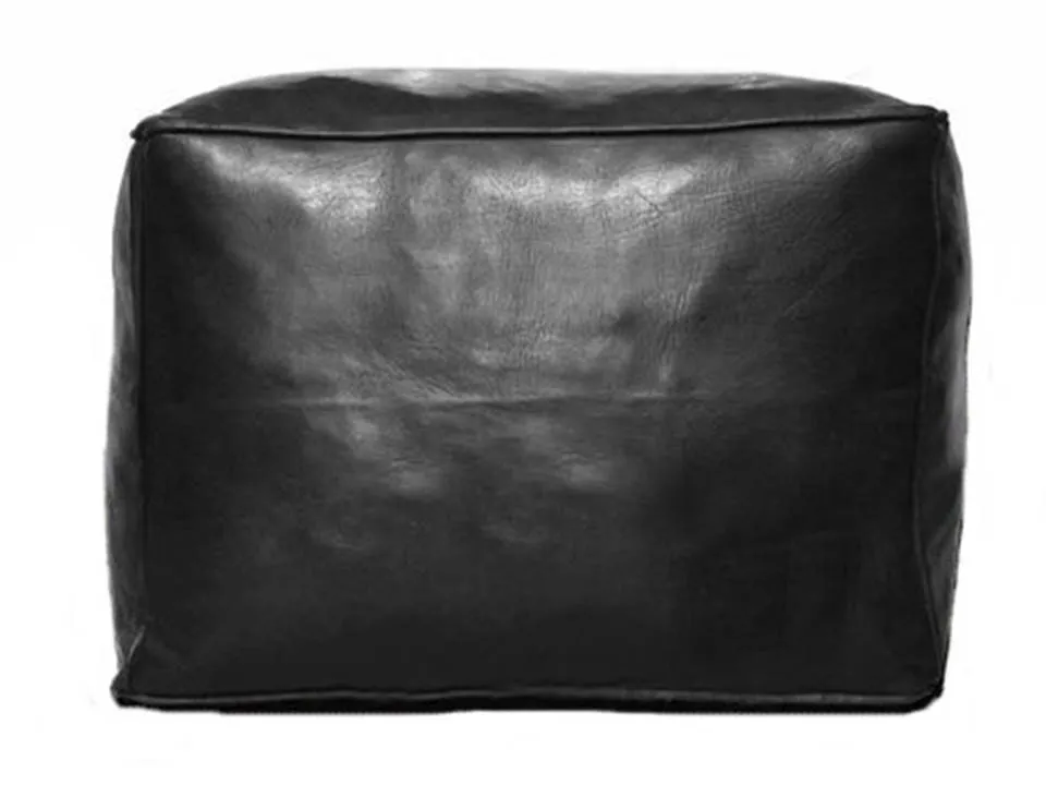 Moroccan Leather Pouf / Ottoman - Square - Black - Sylia