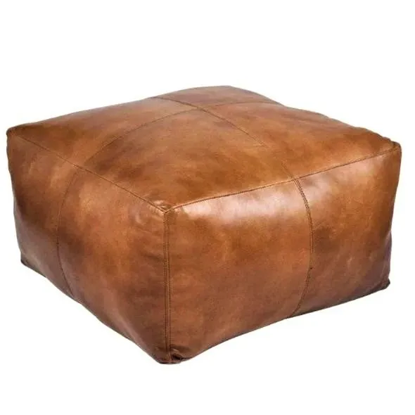 Moroccan Leather Pouf / Ottoman - Square - Brown Caramel - Nelya