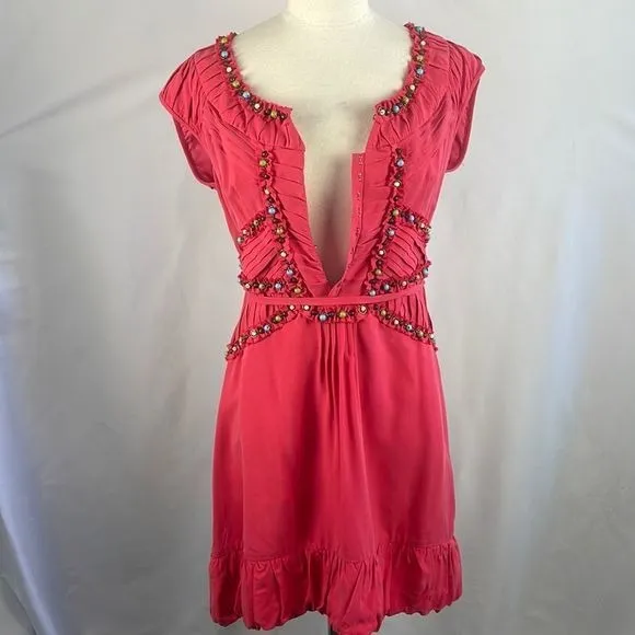 Nanette LeopreRed Beaded Mini Silk Dress