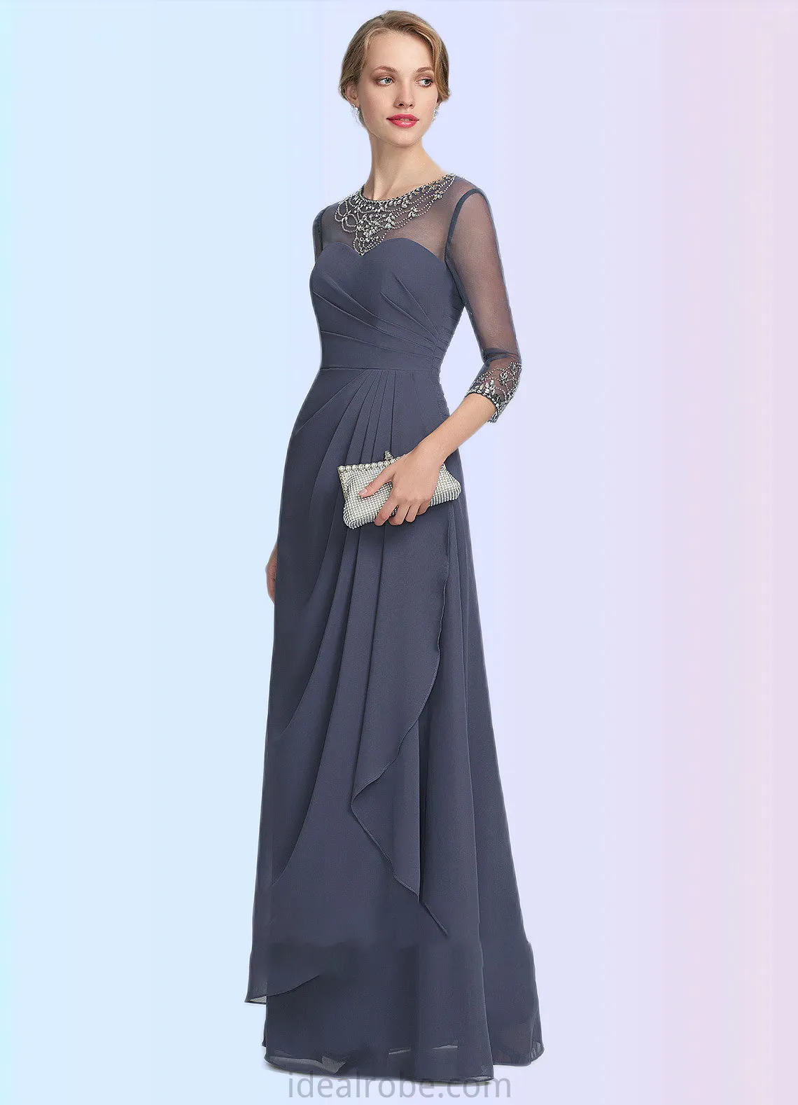 Penelope A-Line Scoop Neck Floor-Length Chiffon Mother of the Bride Dress With Beading Sequins Cascading Ruffles STK126P0014921