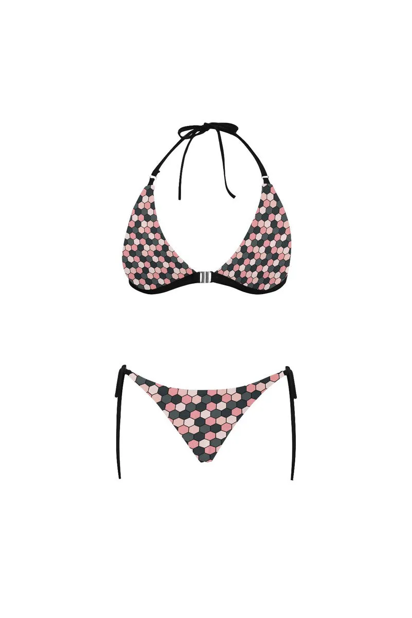 Pink Honeycomb Buckle Front Halter Bikini Swimsuit