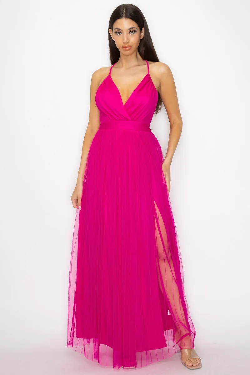 Pleated Mesh Slit Maxi Dress